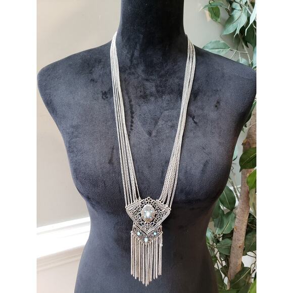 Women's Vintage Boho Statement Necklace Silver Tone Chain with Turquoise Stones - Picture 2 of 7